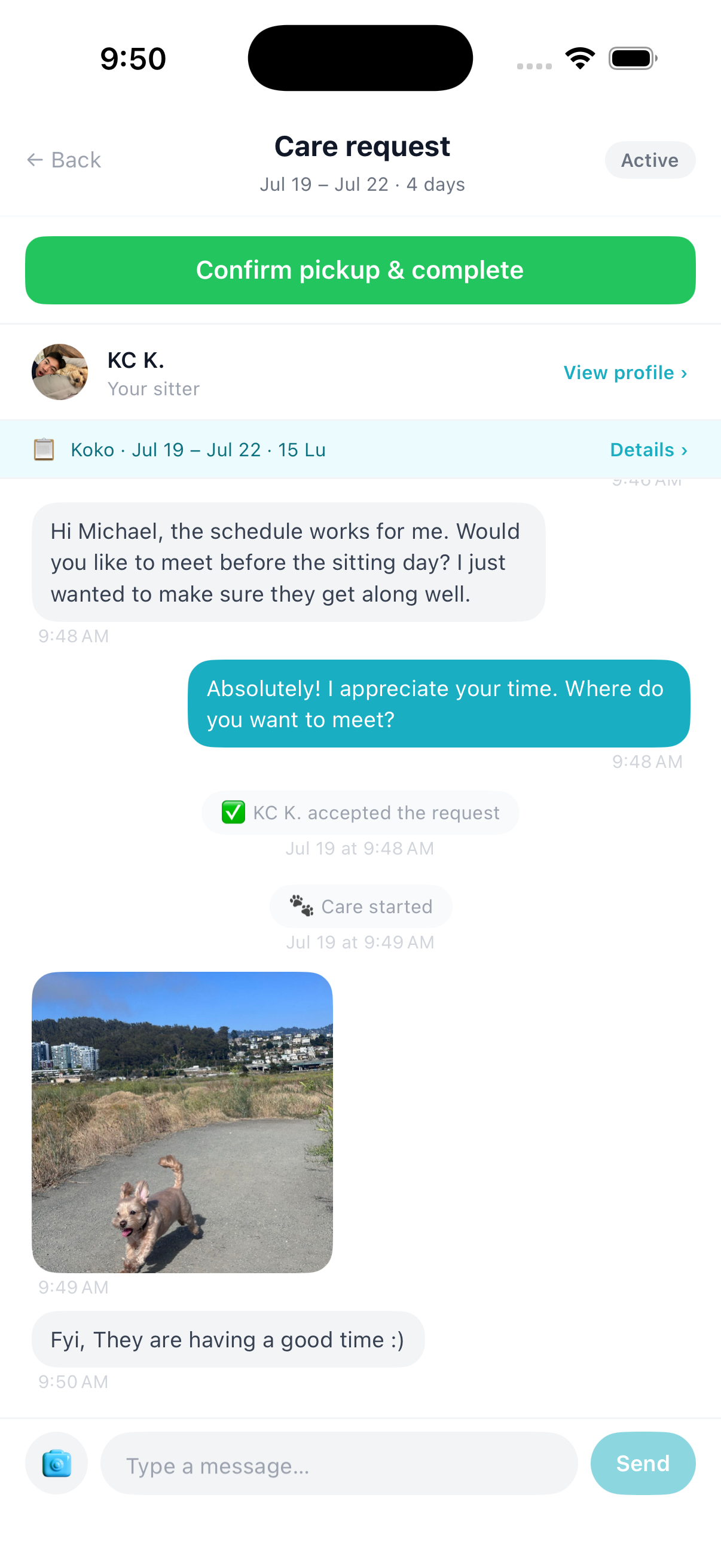 Loulu care request showing messages and a photo update during care