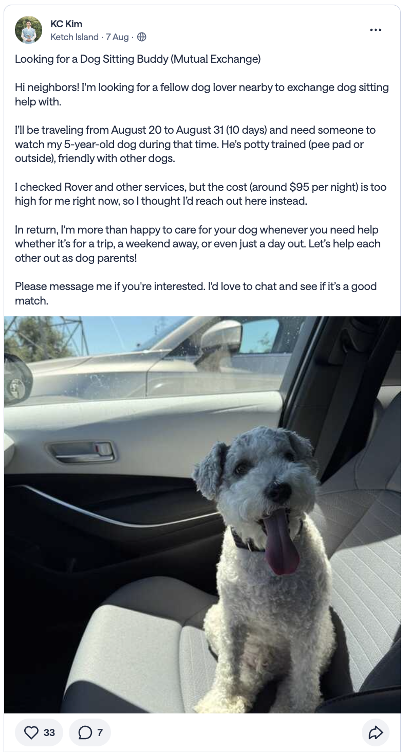 The original neighborhood post asking to exchange dog sitting