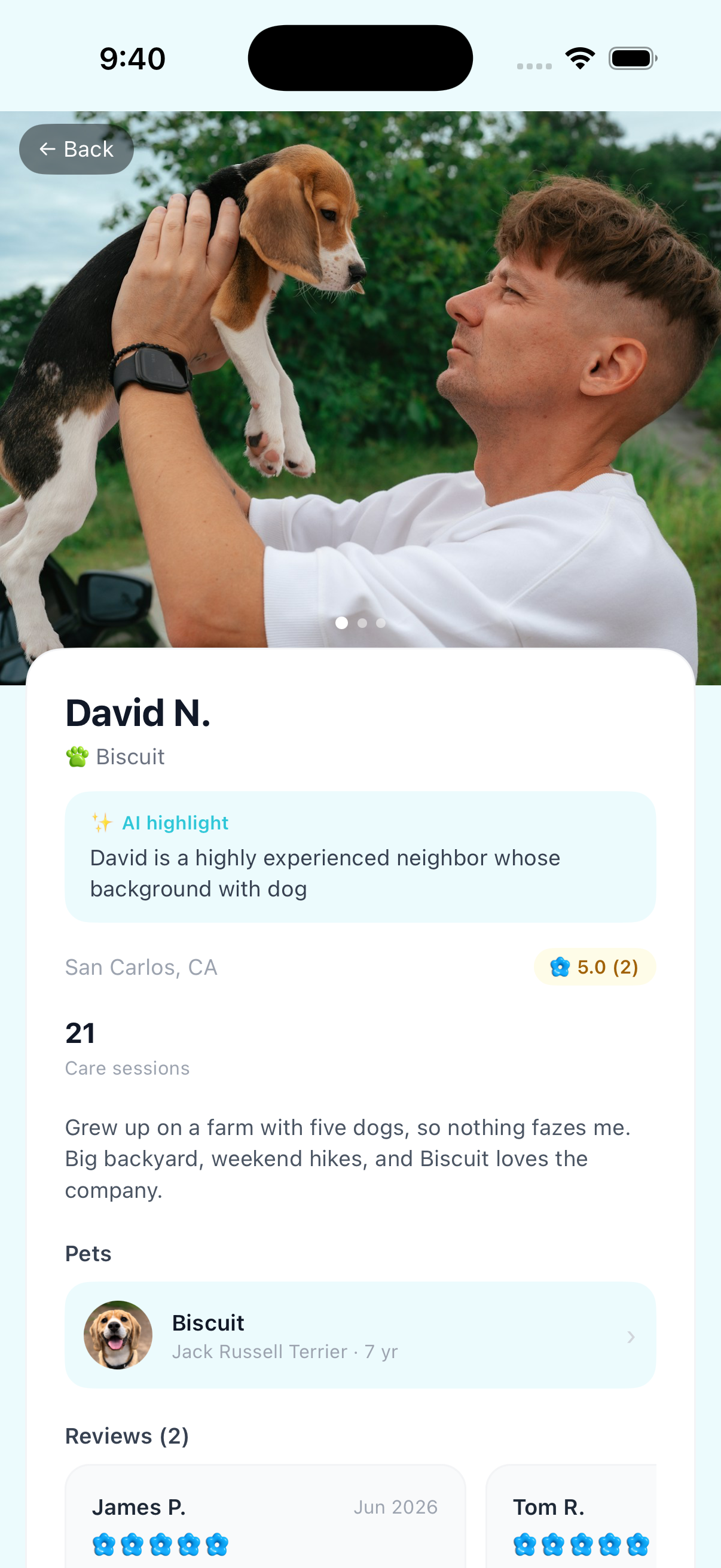 Loulu neighbor profile with their pet, care history, and reviews
